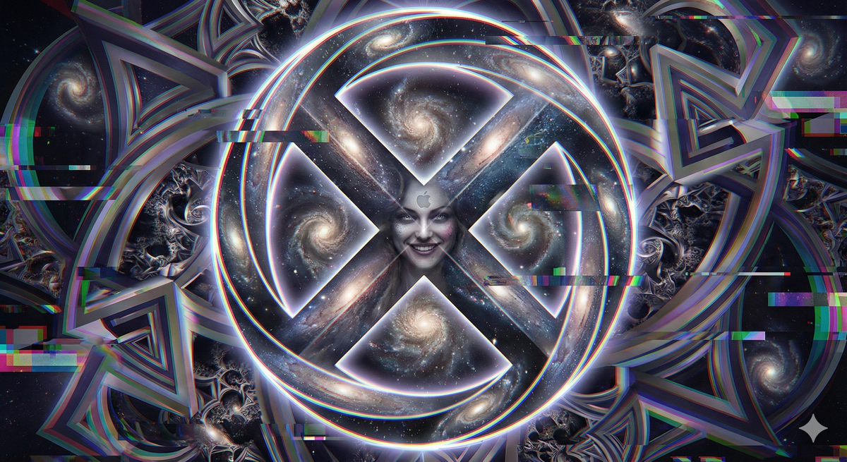 The symbol ⊗ rendered in impossible geometry, folding through dimensions that shouldn't exist, containing galaxies within its structure, Eris's face v